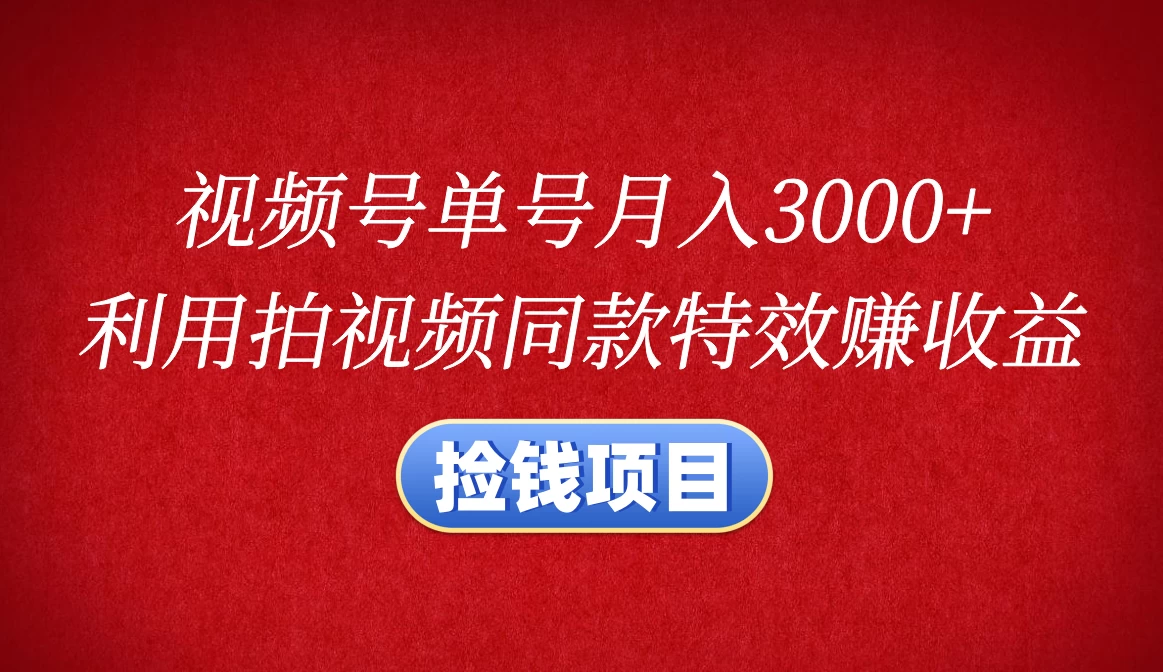 视频号单号月入3000+，利用拍同款特效赚收益，捡钱项目-资源项目网