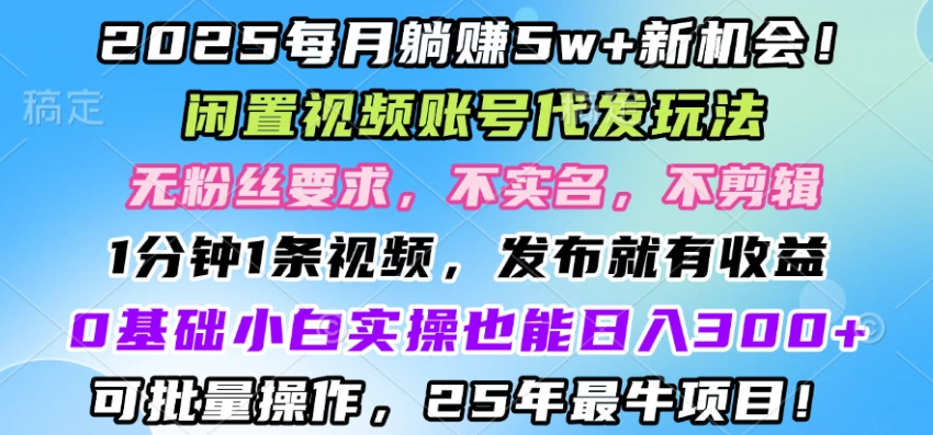 2025每月赚5w+新机会，闲置视频账号一键代发玩法，0粉不实名不剪辑，领了视频直接发，0基础小白也能日入3张-资源项目网